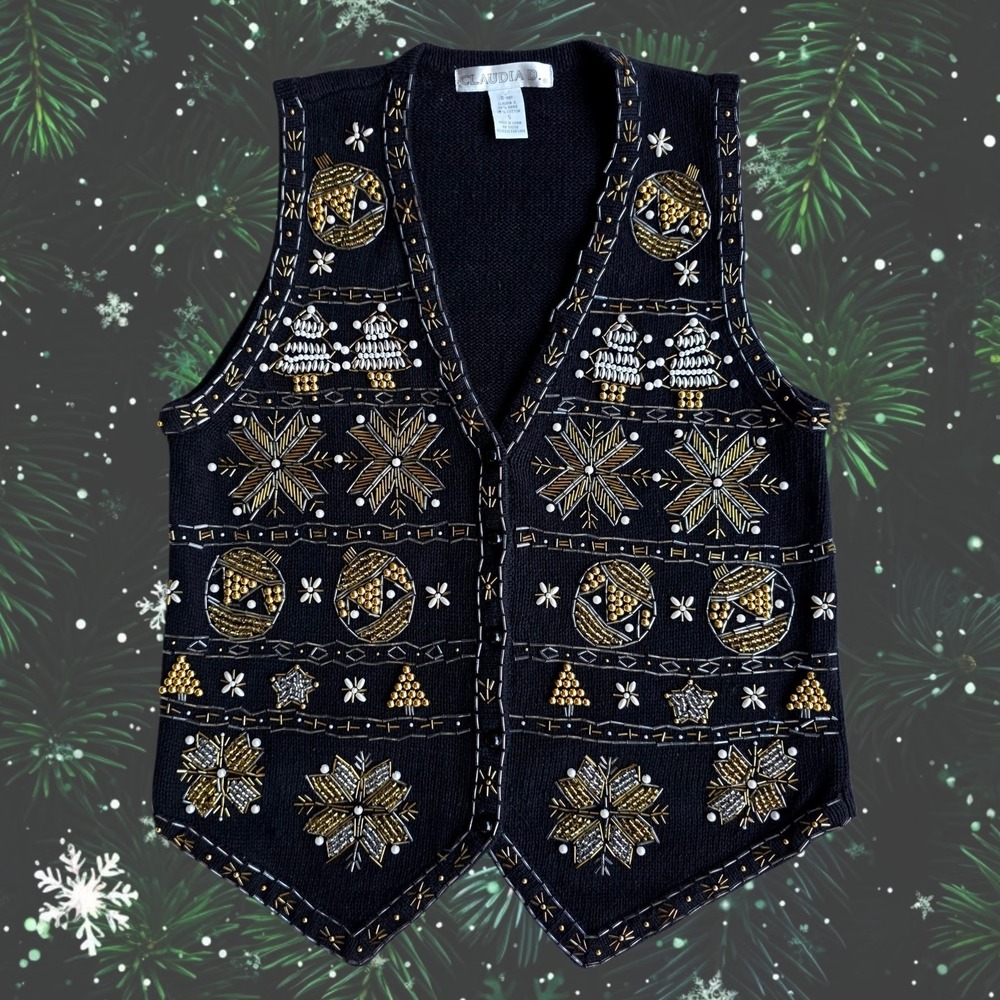 Claudia D Christmas Sweater Vest Size S Black Gold Sequined Beaded Ornaments 90s